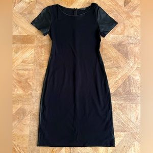 Theory Black Sheath Body Con Dress With Short Sleeves And Leather Details